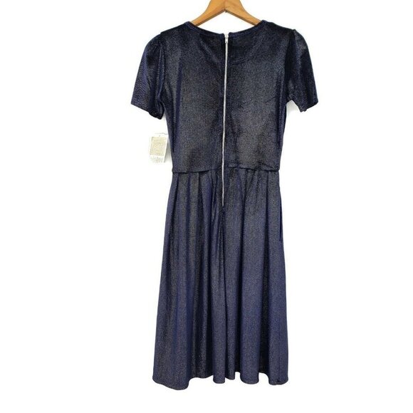 New Lularoe Amelia Dress Womens Small Blue Velvet Velour Silver Stripes - Picture 2 of 5